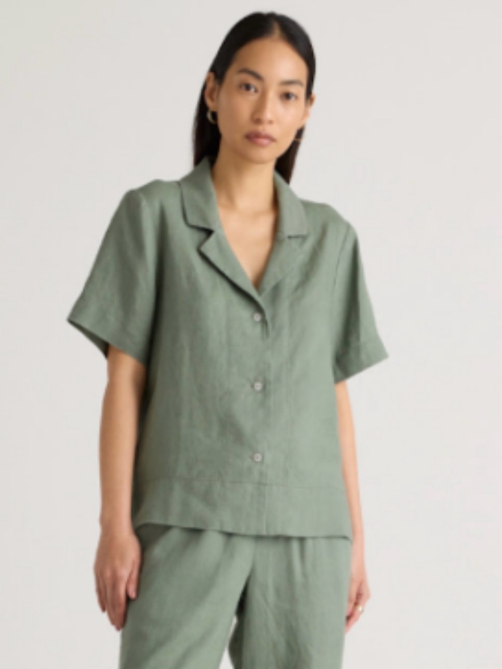 Womens Short-Sleeve Button Front Linen Top - Sage Green (Size: XS)